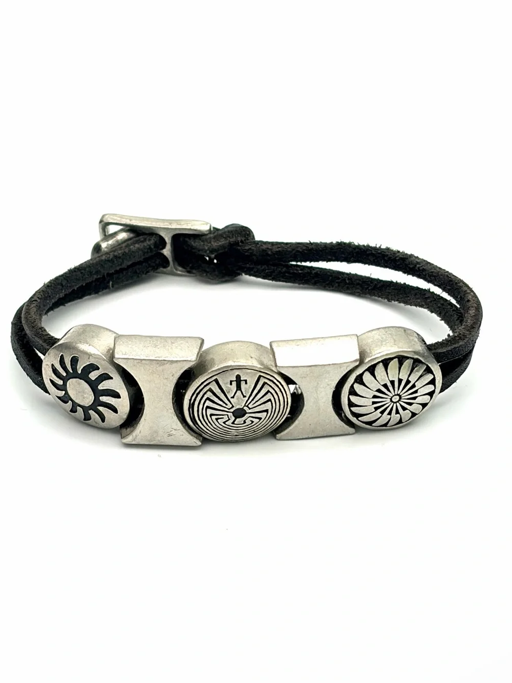 Black Leather and Cast Pewter Tribal Disc Bracelet - Native American
